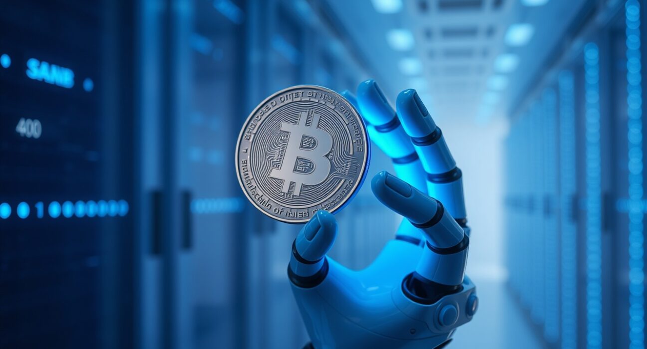 Robotic hand holding a glowing digital coin in a futuristic server room, representing AI agents using stablecoins.