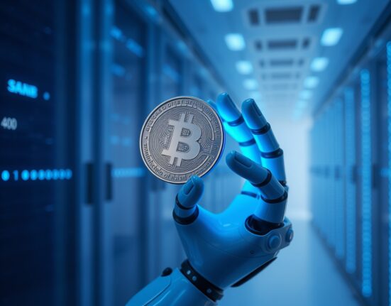 Robotic hand holding a glowing digital coin in a futuristic server room, representing AI agents using stablecoins.