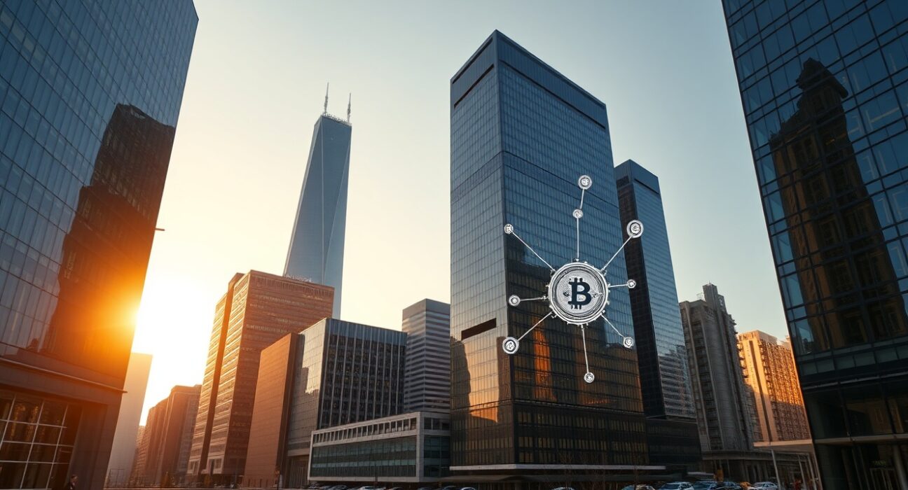 Modern financial district skyline with digital blockchain overlays at golden hour