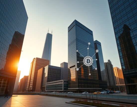 Modern financial district skyline with digital blockchain overlays at golden hour