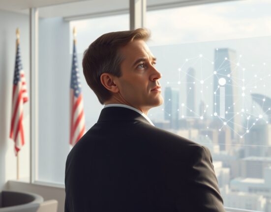 Coinbase CEO Brian Armstrong and symbolic blockchain imagery representing US crypto capital leadership.