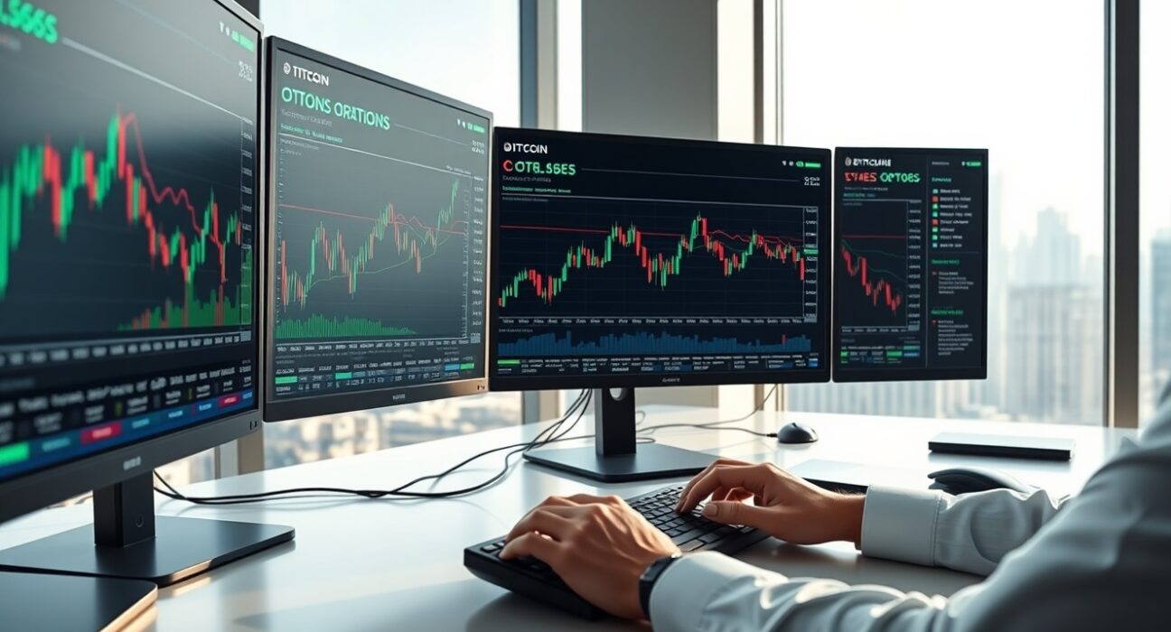 Professional trading desk with monitors showing cryptocurrency derivatives and Bitcoin options charts