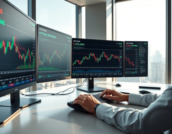 Professional trading desk with monitors showing cryptocurrency derivatives and Bitcoin options charts