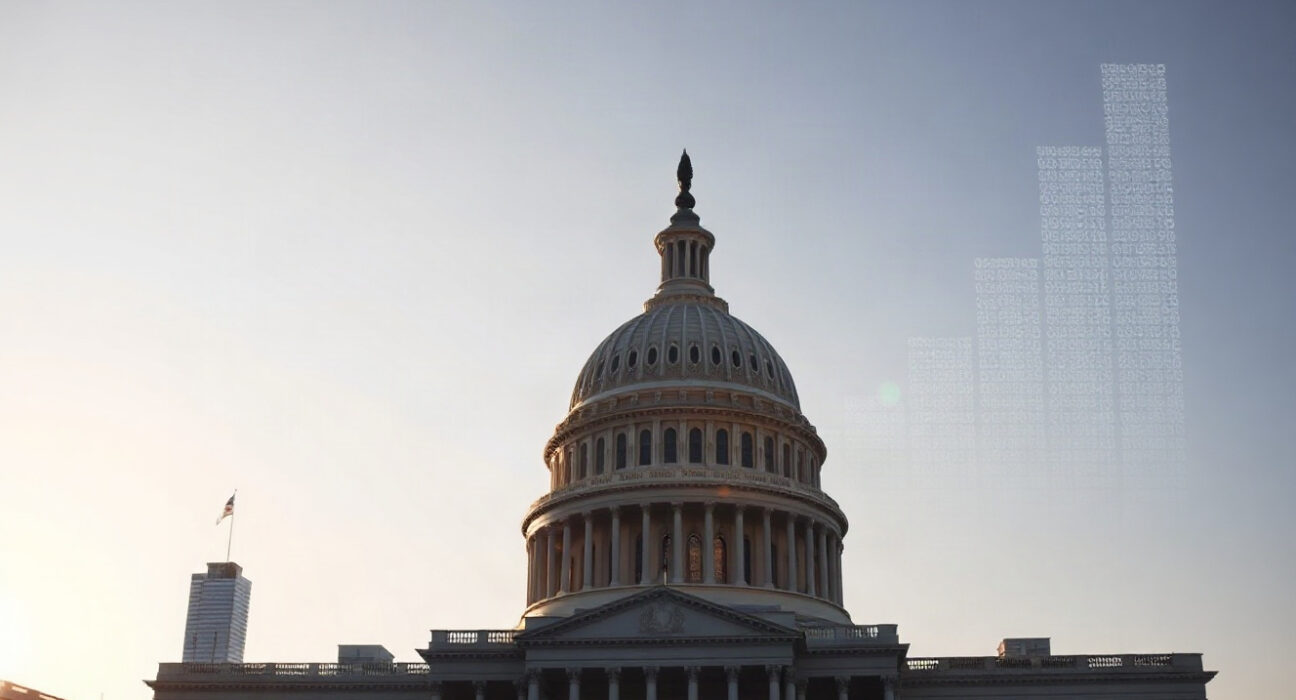 U.S. Capitol building with financial district skyline in background, symbolizing regulatory oversight of crypto markets
