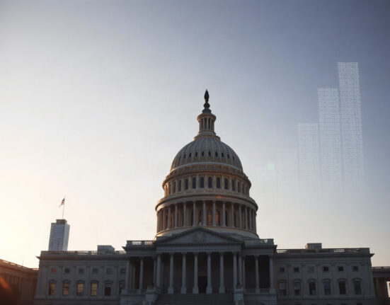 U.S. Capitol building with financial district skyline in background, symbolizing regulatory oversight of crypto markets