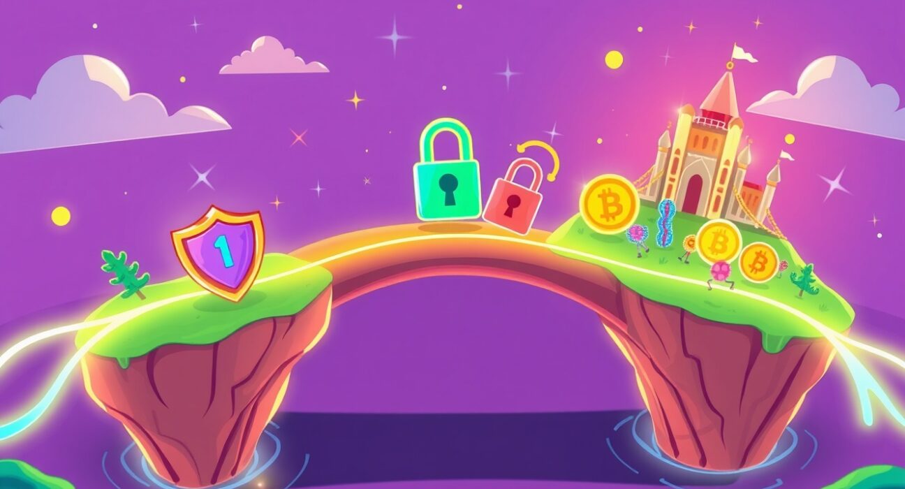 A secure cartoon bridge using Chainlink CCIP to connect different blockchain networks for asset transfers.