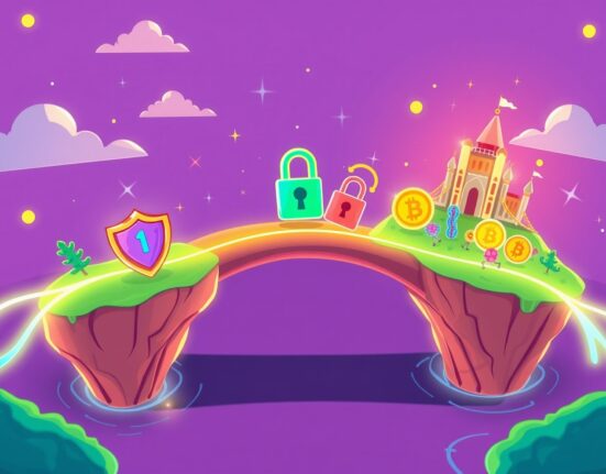 A secure cartoon bridge using Chainlink CCIP to connect different blockchain networks for asset transfers.