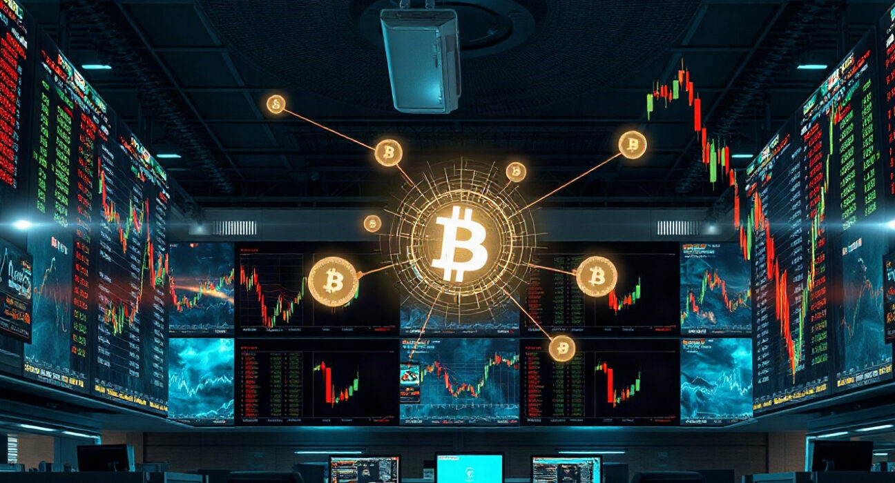 Digital stock charts and blockchain network visualization on a trading floor, representing Coinbase and Chainlink integration.