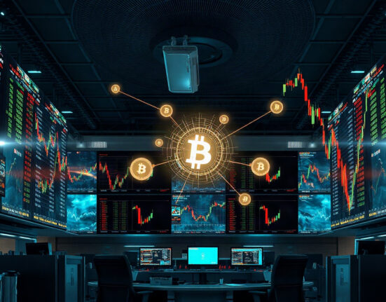 Digital stock charts and blockchain network visualization on a trading floor, representing Coinbase and Chainlink integration.