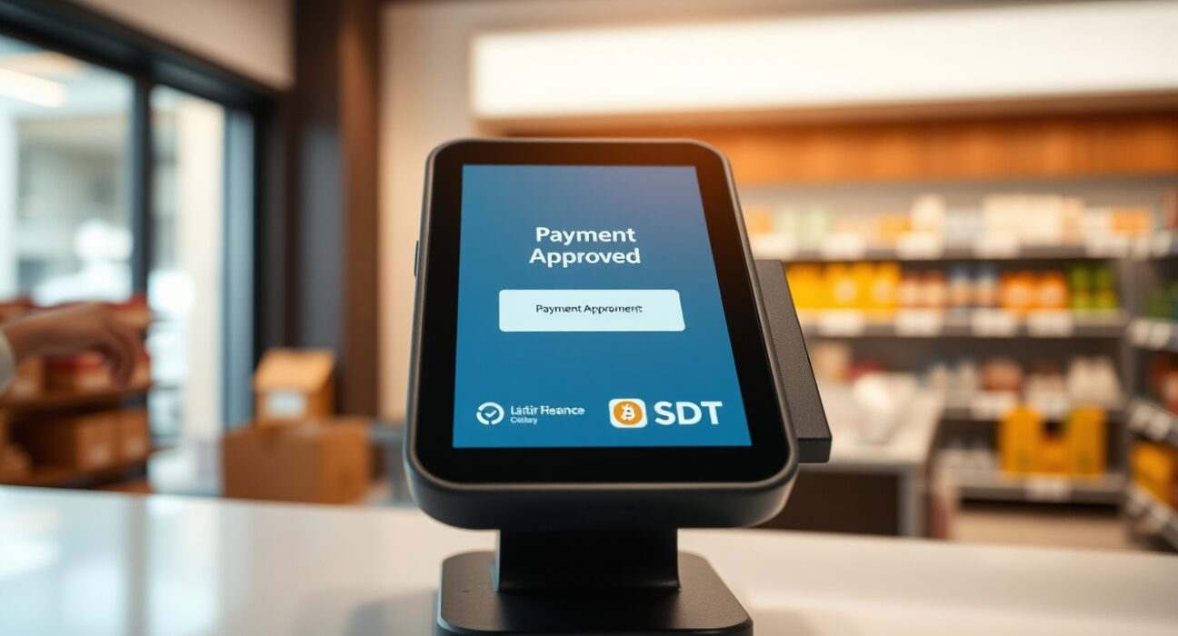 Digital payment terminal displaying a successful stablecoin transaction with USDC and USDT logos at a retail checkout counter.