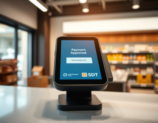 Digital payment terminal displaying a successful stablecoin transaction with USDC and USDT logos at a retail checkout counter.