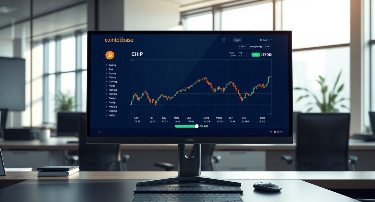 Coinbase exchange interface showing CHIP cryptocurrency trading pair announcement