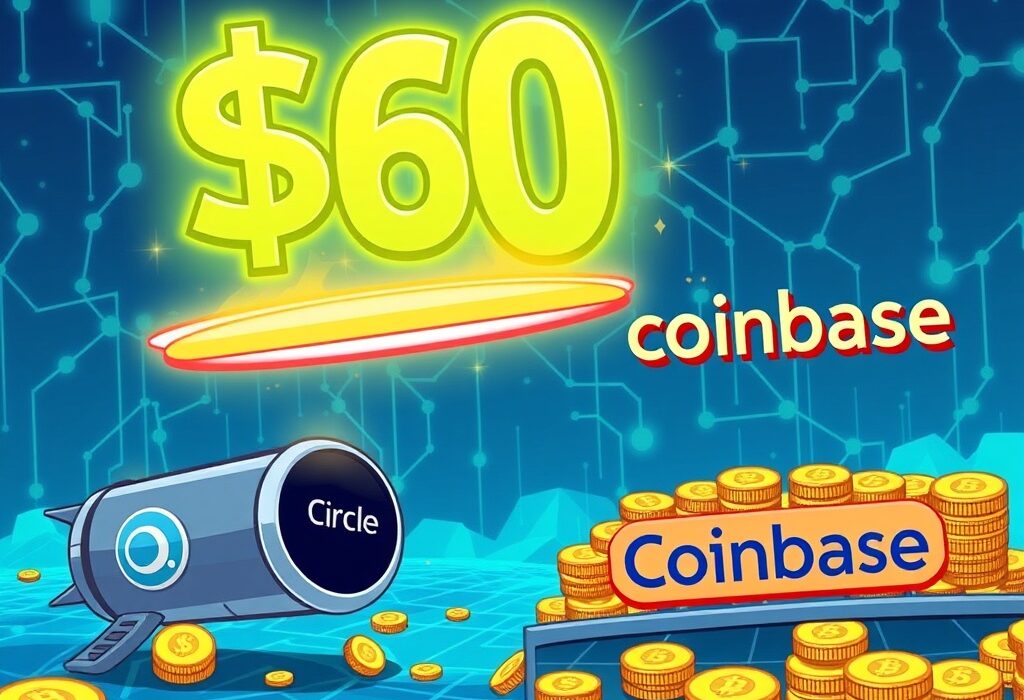 Cartoon illustration showing the immense financial potential of the Coinbase Circle partnership, valued at $60 billion.
