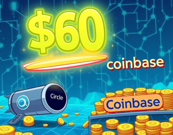 Cartoon illustration showing the immense financial potential of the Coinbase Circle partnership, valued at $60 billion.
