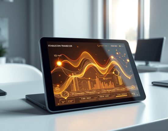 Digital interface visualizing stablecoin and AI payment growth for Coinbase and Circle partnership.