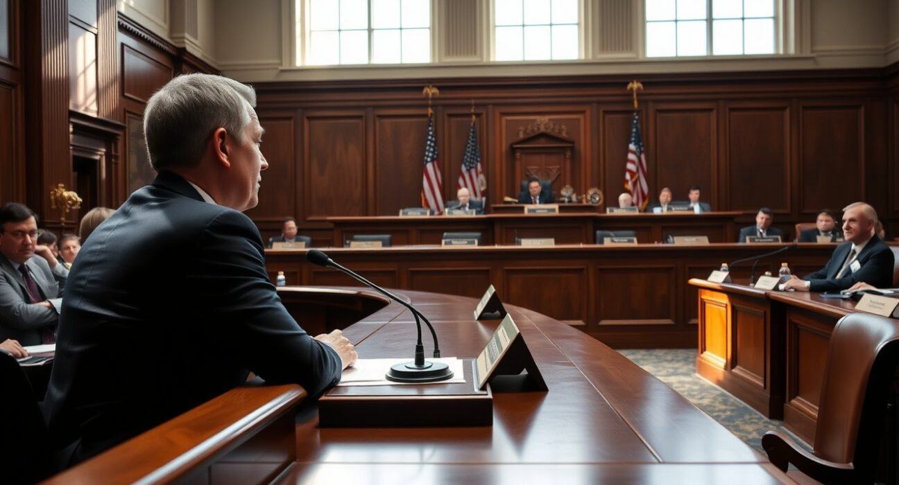 US Capitol hearing room with lawmakers and witness discussing cryptocurrency regulation