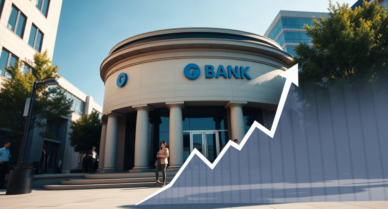 Modern bank building with digital chart overlay symbolizing financial stability