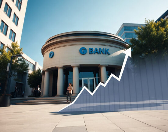 Modern bank building with digital chart overlay symbolizing financial stability