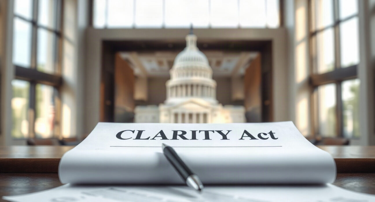 A legislative document and pen on a desk with the U.S. Capitol blurred in the background, representing the CLARITY Act.