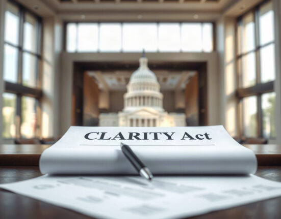 A legislative document and pen on a desk with the U.S. Capitol blurred in the background, representing the CLARITY Act.