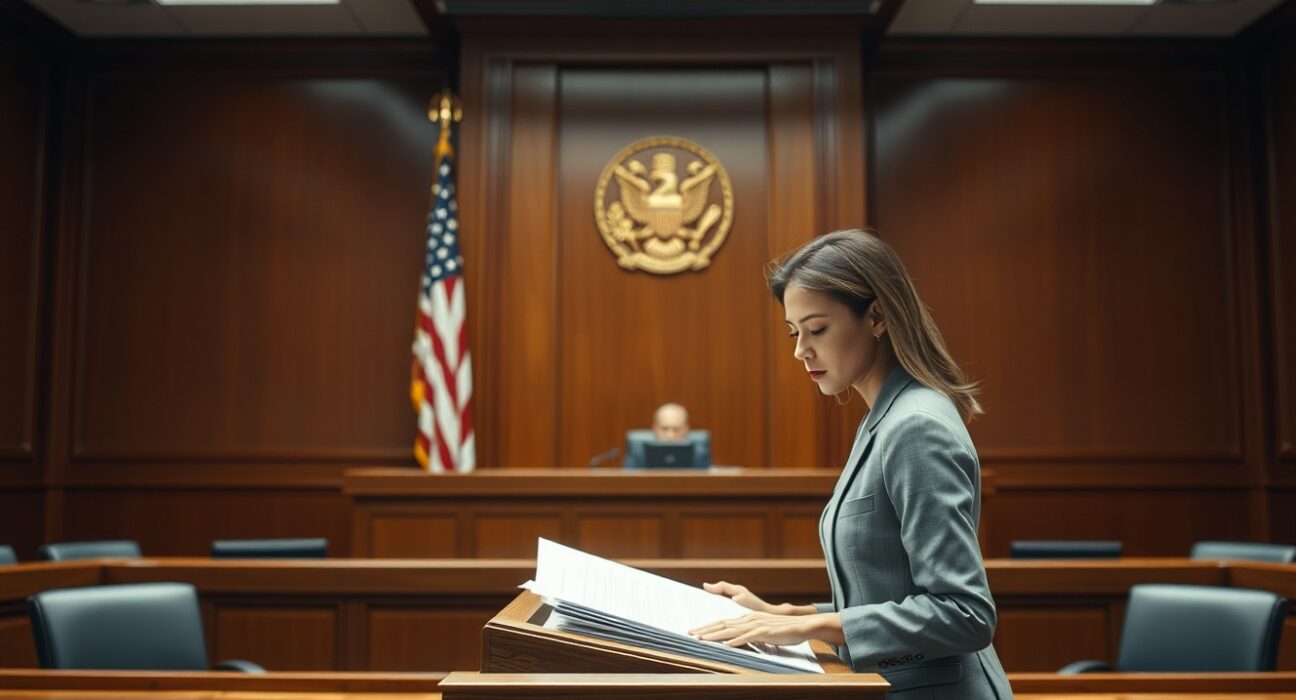 Female attorney presenting legal documents at a podium in a courtroom with American flag background