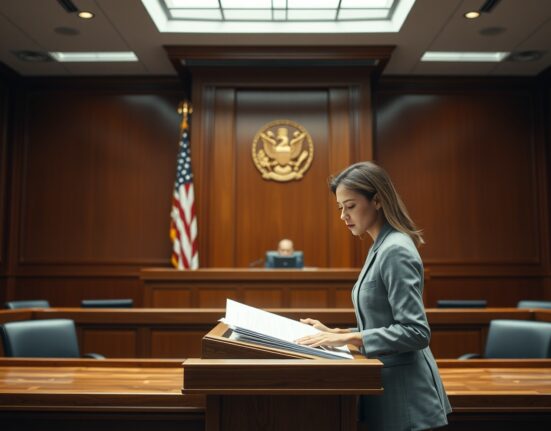 Female attorney presenting legal documents at a podium in a courtroom with American flag background