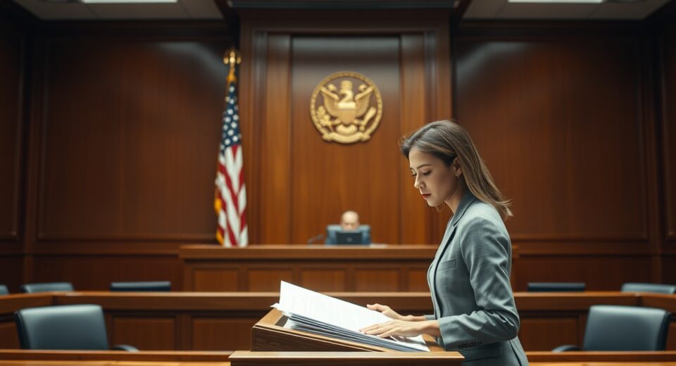 Female attorney presenting legal documents at a podium in a courtroom with American flag background