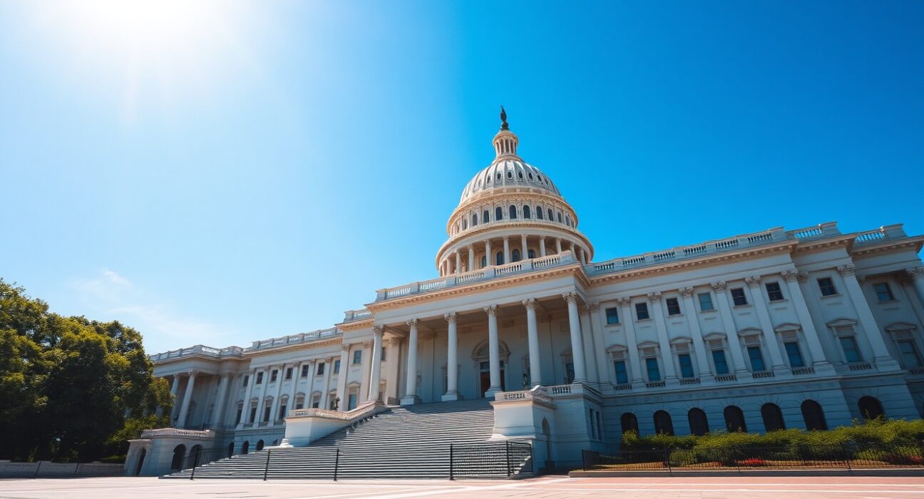 U.S. Capitol building on a sunny day, symbolizing pending crypto legislation.