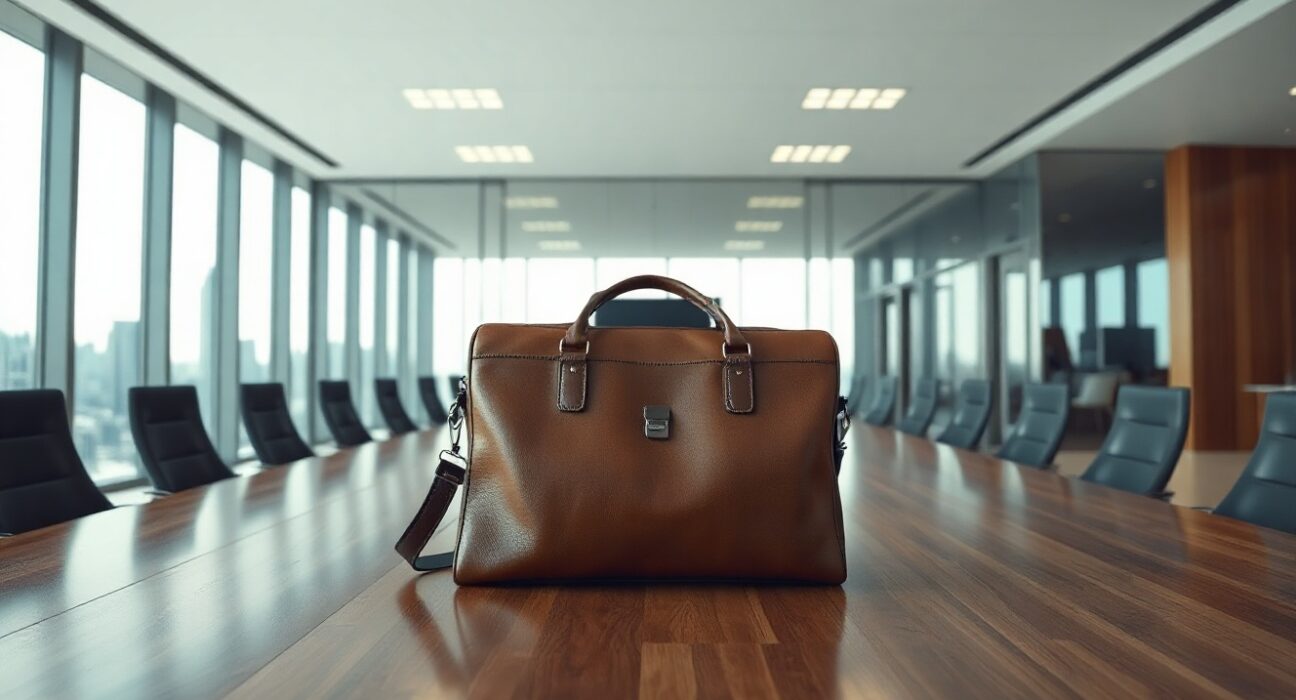 Modern corporate boardroom with a briefcase on a table, symbolizing an executive departure at Coinbase.