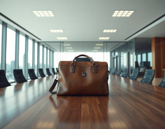 Modern corporate boardroom with a briefcase on a table, symbolizing an executive departure at Coinbase.