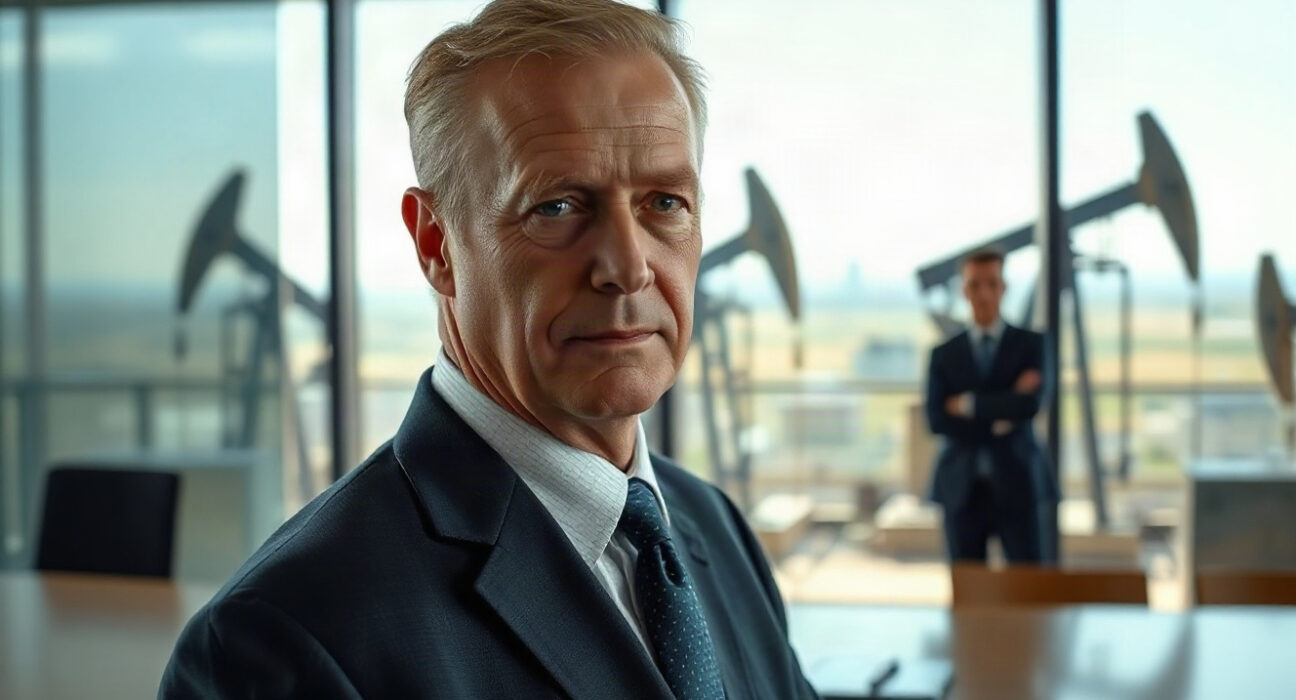 Fred Ehrsam in a business meeting with oil fields in the background