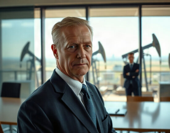 Fred Ehrsam in a business meeting with oil fields in the background