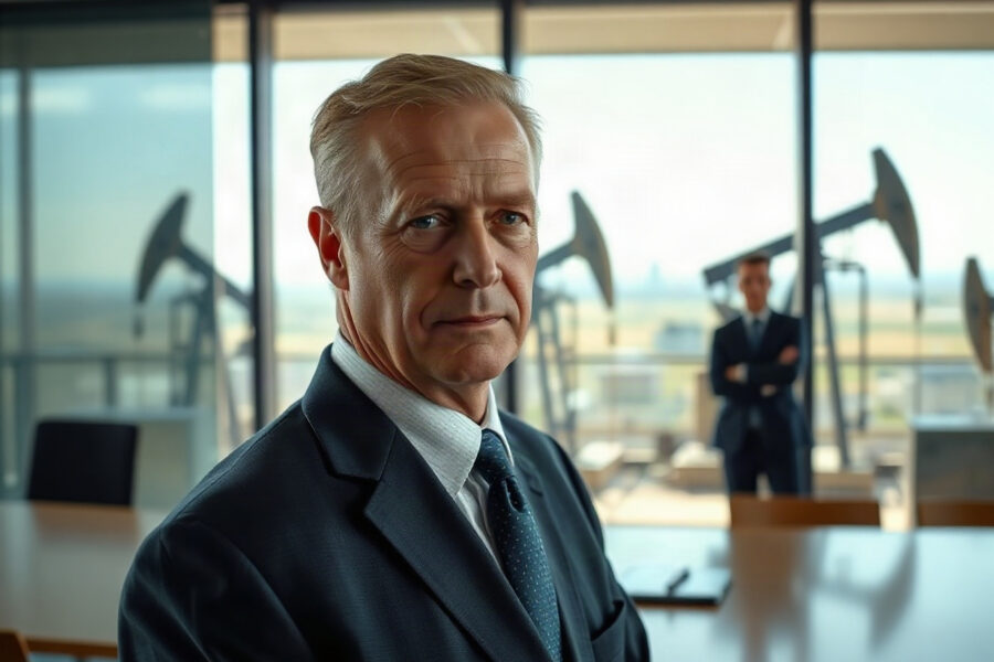 Fred Ehrsam in a business meeting with oil fields in the background