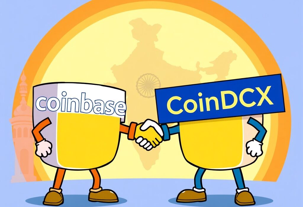 Illustration depicting the potential Coinbase CoinDCX acquisition, symbolizing a major expansion in the Indian crypto market.