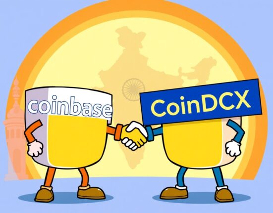 Illustration depicting the potential Coinbase CoinDCX acquisition, symbolizing a major expansion in the Indian crypto market.