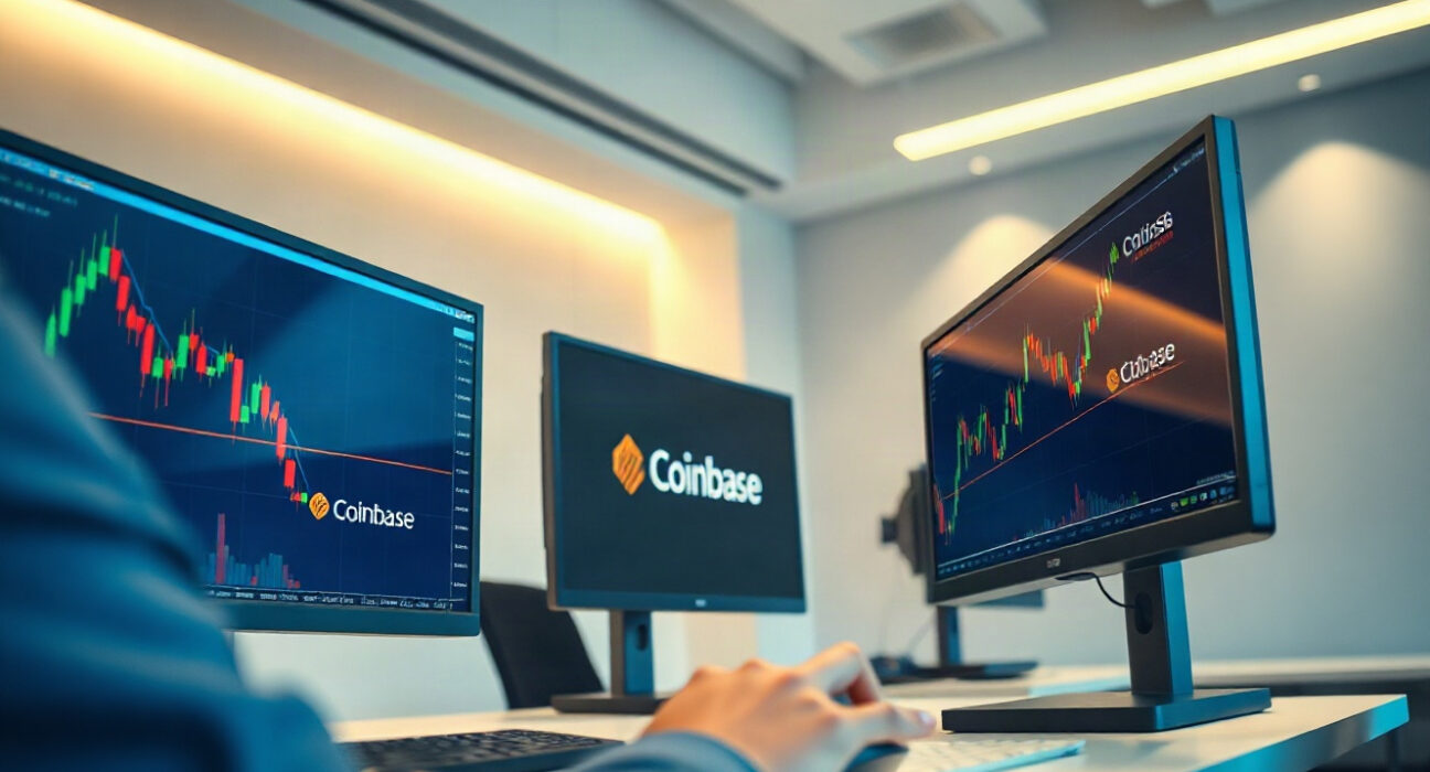 Coinbase trading interface on a monitor displaying cryptocurrency charts, symbolizing the new CP spot listing.