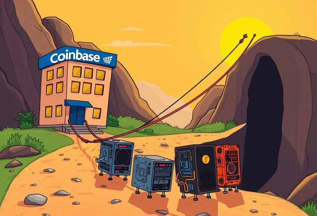 A cartoon illustration showing Coinbase crypto lending a helping hand to various crypto mining operations, symbolizing renewed financial support.