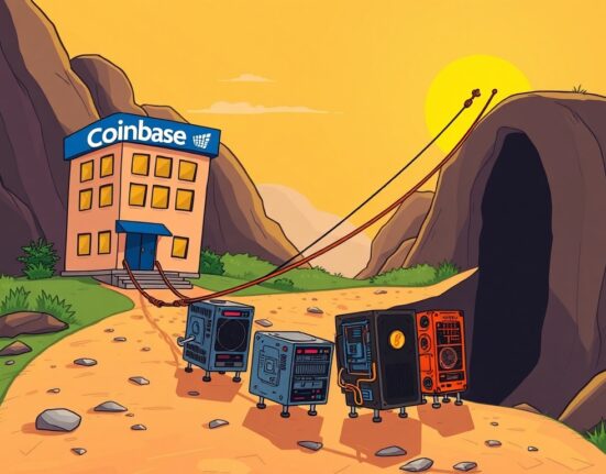 A cartoon illustration showing Coinbase crypto lending a helping hand to various crypto mining operations, symbolizing renewed financial support.