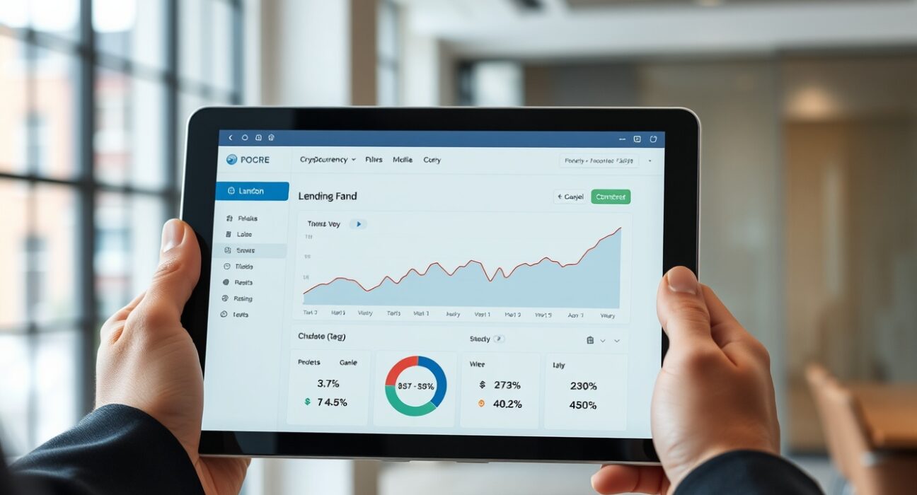 Professional using a tablet to access Coinbase's new crypto-backed lending service for UK customers.
