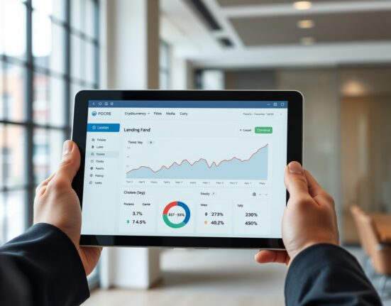 Professional using a tablet to access Coinbase's new crypto-backed lending service for UK customers.