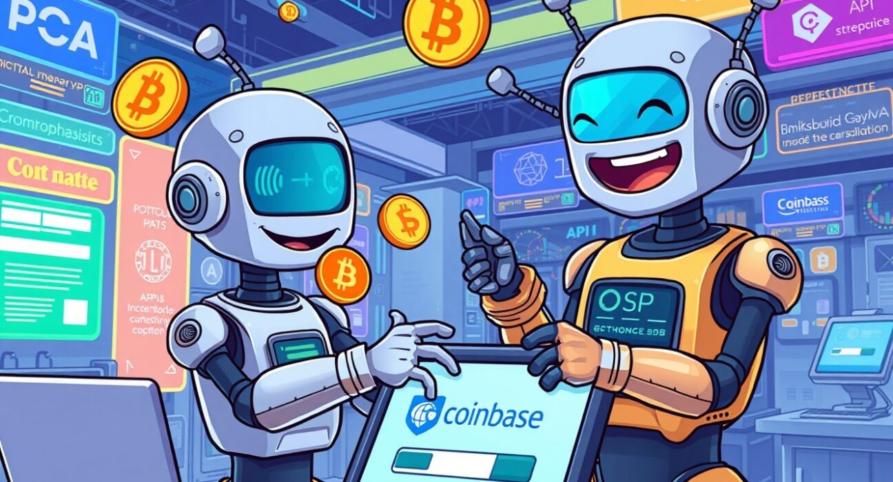 A cartoon illustration of AI agents making Coinbase crypto payments, symbolizing the expansion of digital transactions in the AI ecosystem.