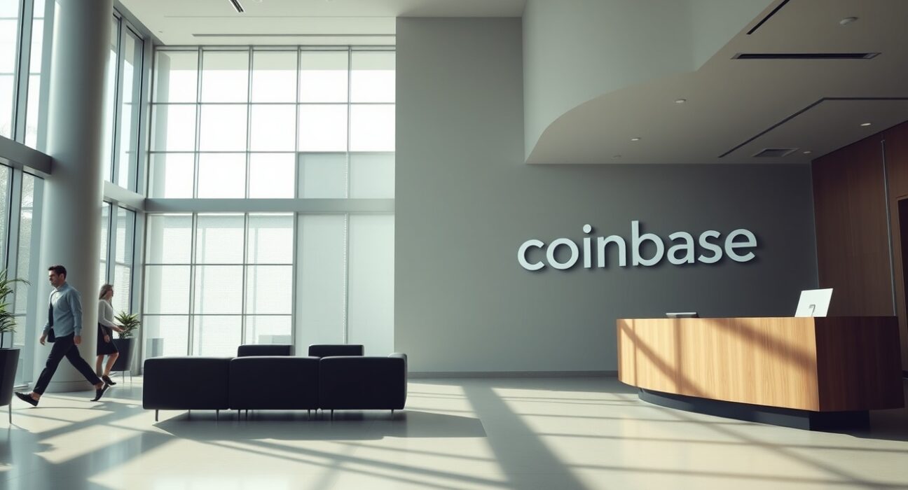 Modern corporate lobby with subtle Coinbase branding, representing leadership transition