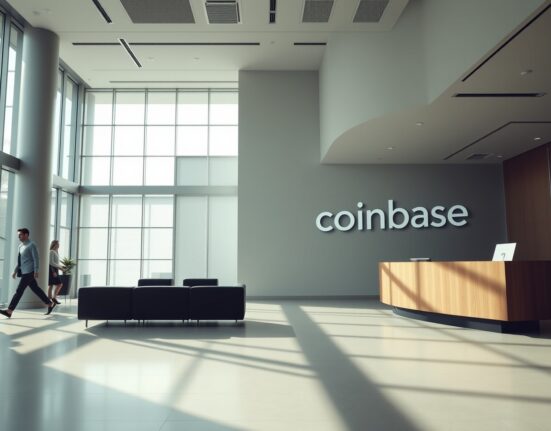 Modern corporate lobby with subtle Coinbase branding, representing leadership transition