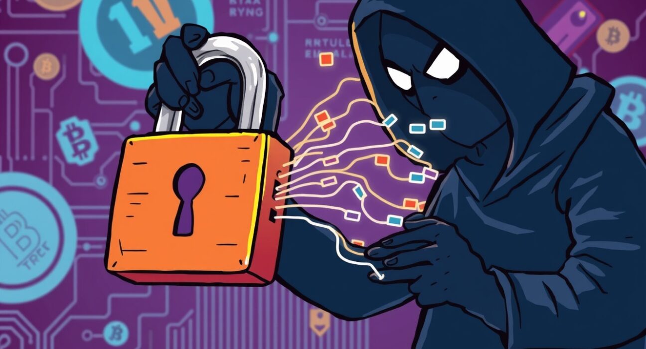 Cartoon illustration symbolizing a Coinbase data breach, with digital data escaping a compromised lock.