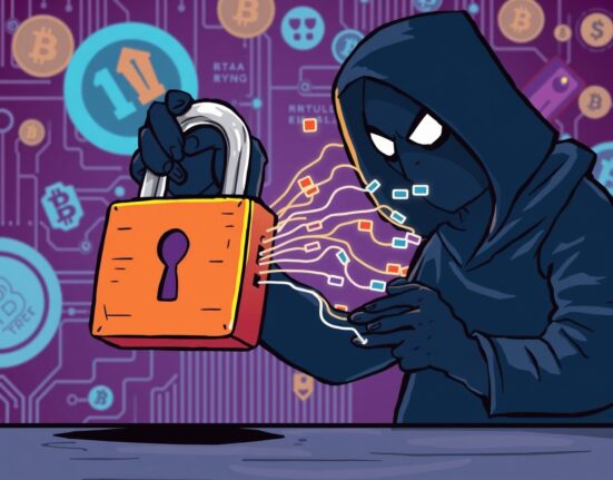 Cartoon illustration symbolizing a Coinbase data breach, with digital data escaping a compromised lock.