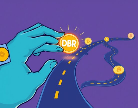A cartoon hand adding a DBR token to a Coinbase listing roadmap, highlighting the significance of the Coinbase DBR listing.