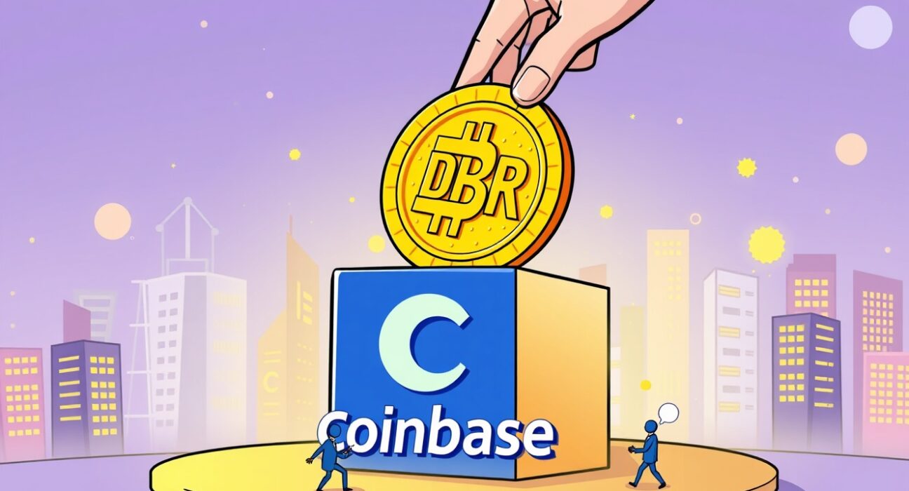 A cartoon depiction of the significant Coinbase DBR listing, symbolizing new trading opportunities for users.