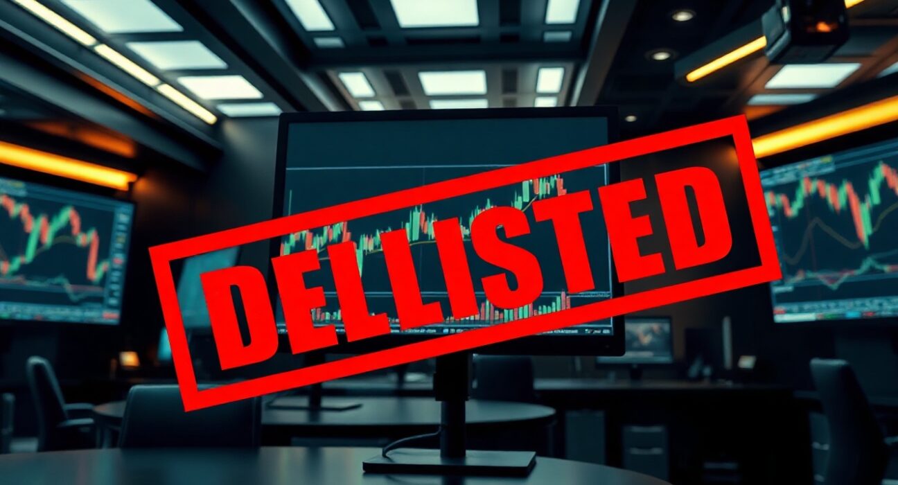 Coinbase delisting announcement displayed on trading monitors with a red stamp overlay