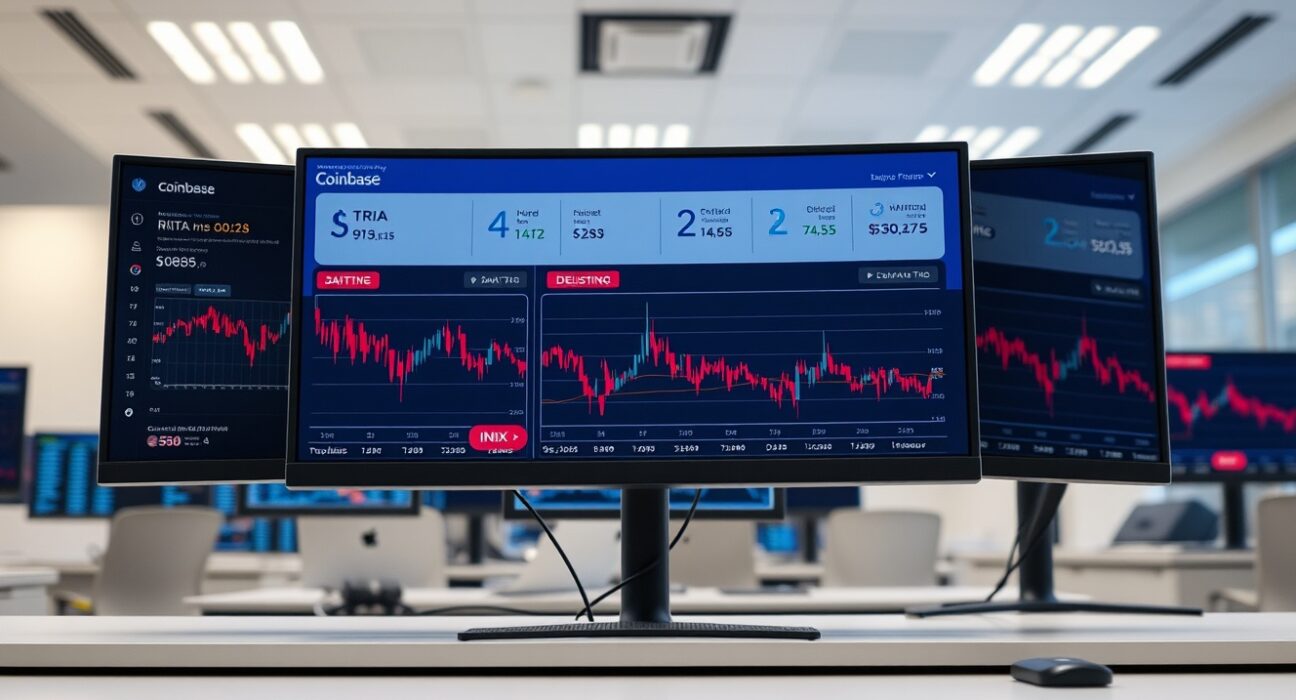 Coinbase trading interface showing perpetual futures delisting for TRIA, NEO, and IMX on a professional trading desk