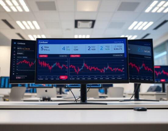 Coinbase trading interface showing perpetual futures delisting for TRIA, NEO, and IMX on a professional trading desk